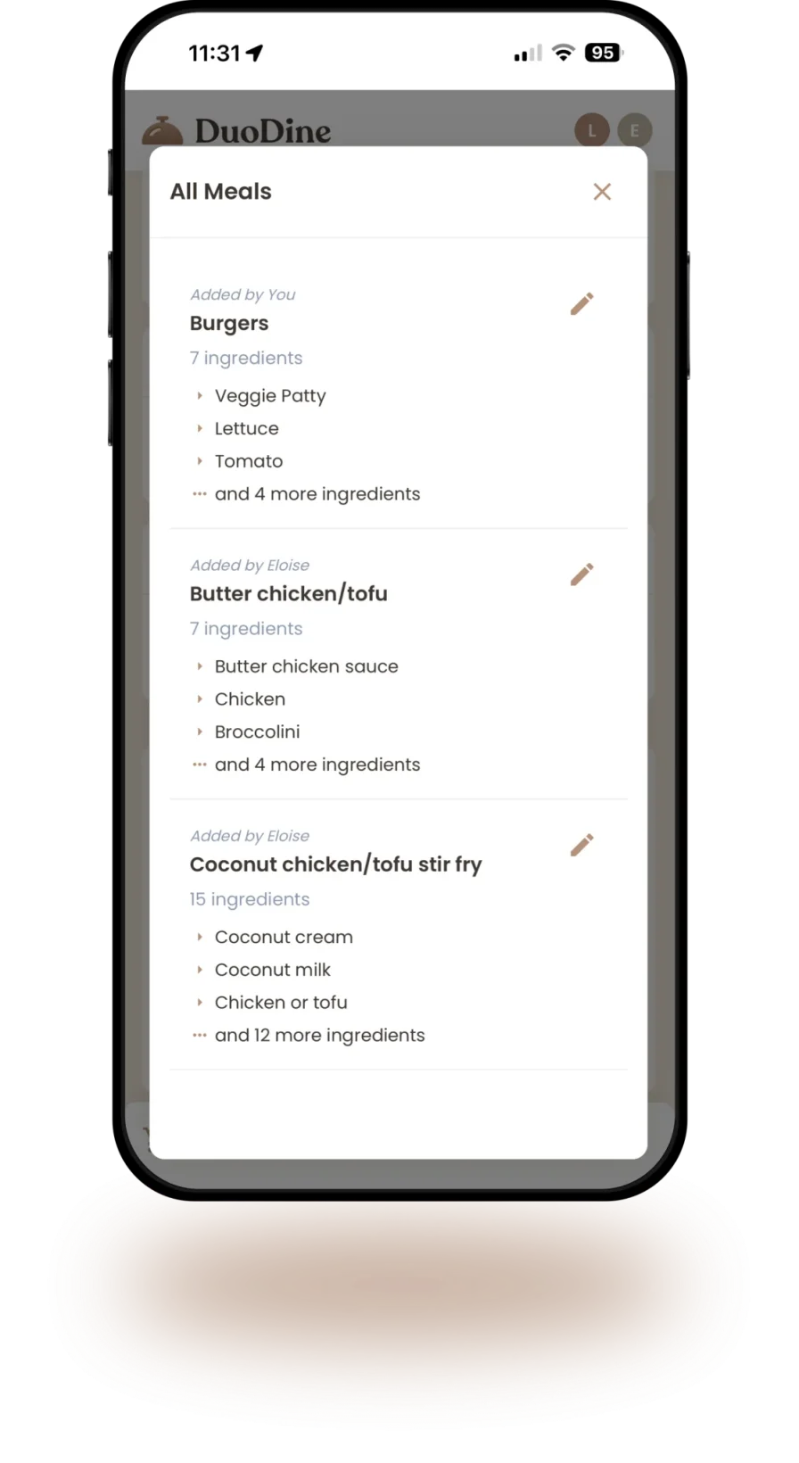 DuoDine shared meal library showing meals added by both partners with ingredients and edit options