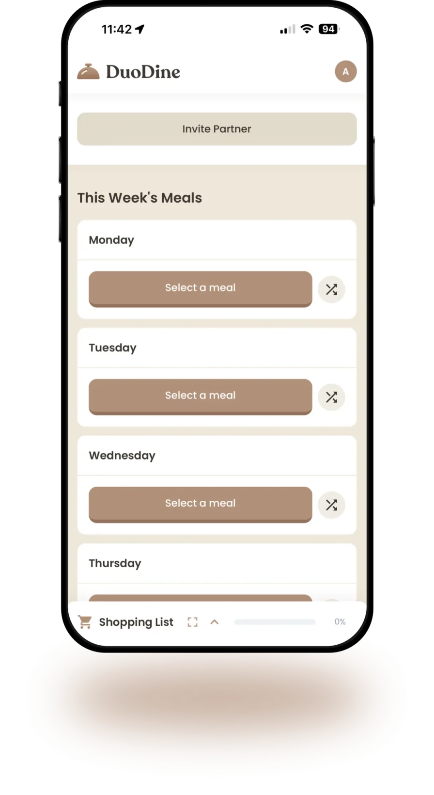 DuoDine app showing the Invite Partner button and weekly meal planner for couples to start planning together