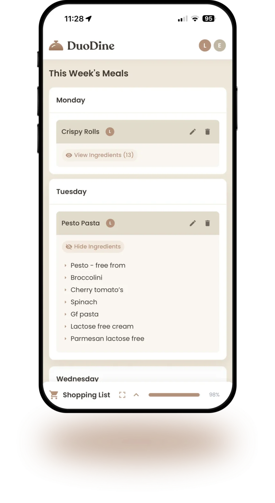 DuoDine meal planning app for couples showing weekly dinner planner with shared meals and ingredients